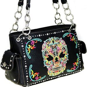 West Sugar Skull Concealed Carry Satchel Handbag (Black/Multi)